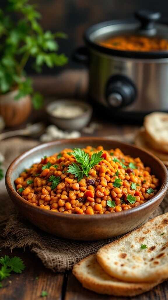 A hearty pinto bean stew in a ceramic pot, garnished with fresh herbs.