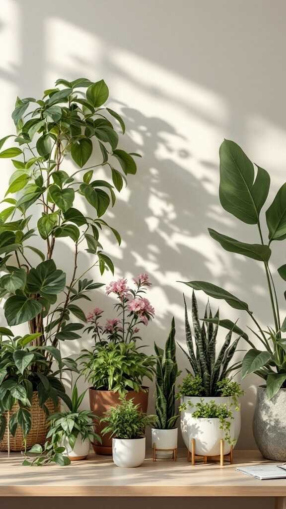 A collection of various office plants in stylish pots on a desk.