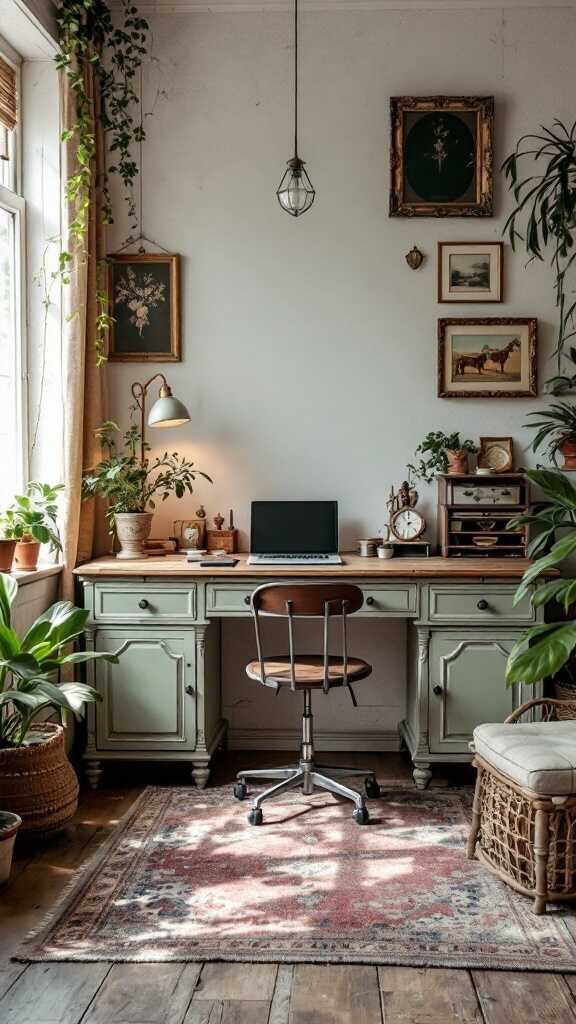 A vintage style home office featuring a green desk, computer, plants, and art on the walls.