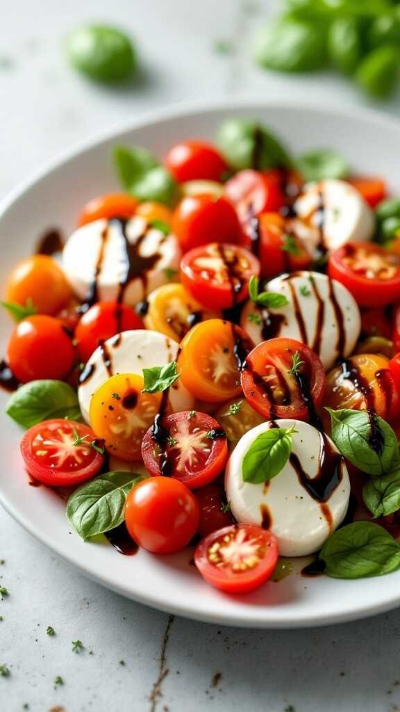 A beautiful Caprese salad with cherry tomatoes, mozzarella, basil, and balsamic glaze.