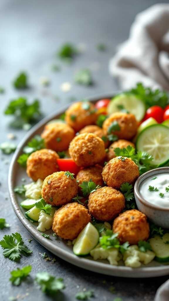 A platter featuring falafel balls, fresh vegetables, and tzatziki sauce.