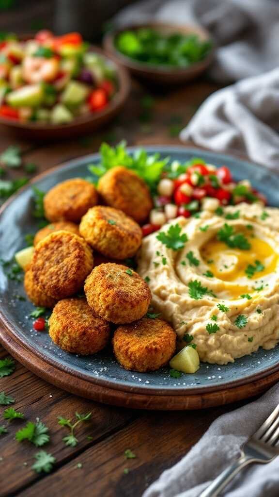 A delicious falafel plate served with hummus and tabbouleh.