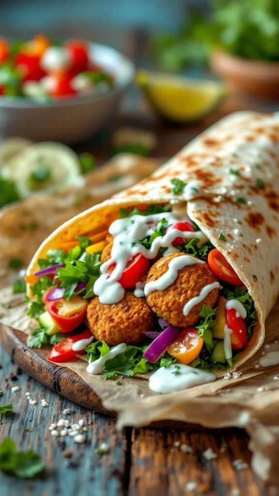 A delicious falafel wrap filled with fresh veggies and tzatziki sauce, perfect for a vegetarian lunch.