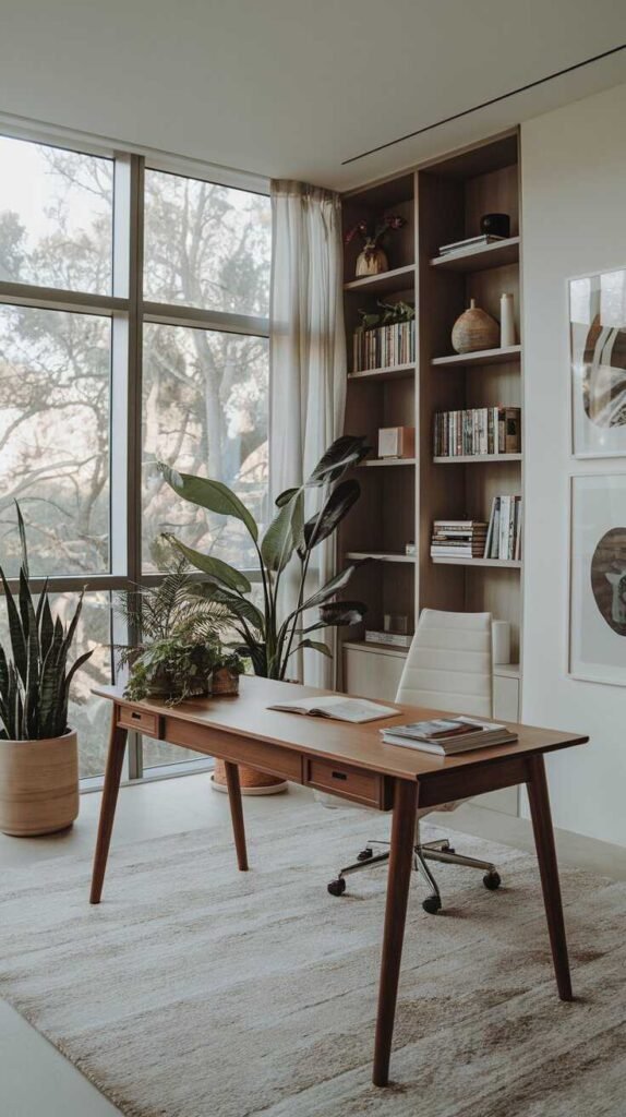 Modern home office with plants and natural light