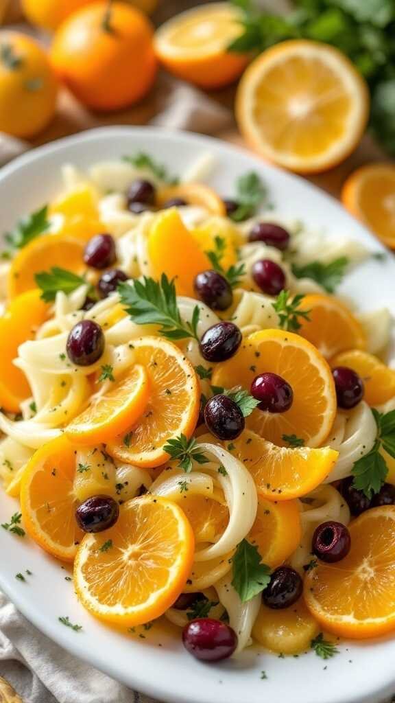 A vibrant fennel and orange salad with olives and parsley.