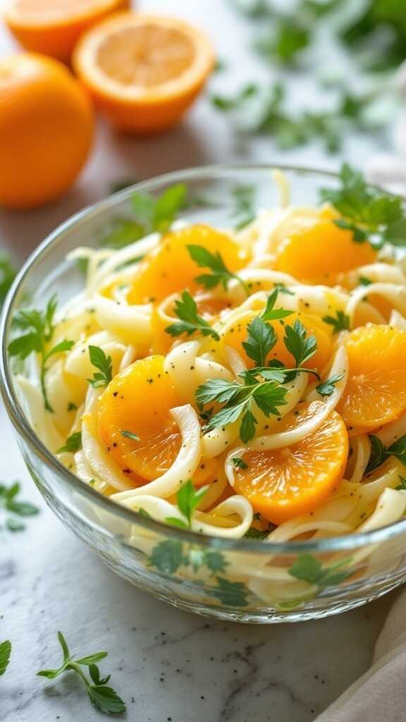 A vibrant fennel and orange salad with parsley, served in a bowl.