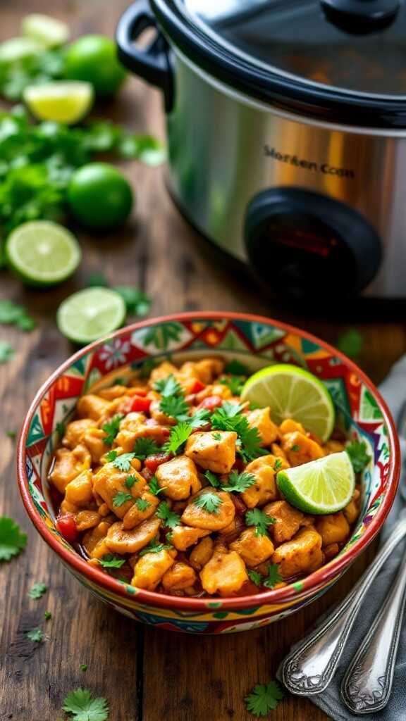 A bowl of Fiesta Lime Chicken with lime wedges and cilantro on a wooden table.