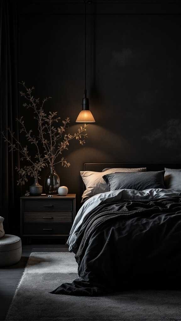 A cozy dark bedroom featuring a pendant lamp, layered bedding, and decorative branches.