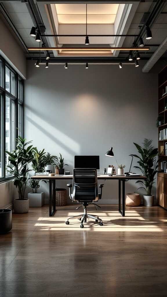 A stylish home office with a desk, chair, plants, and large windows.