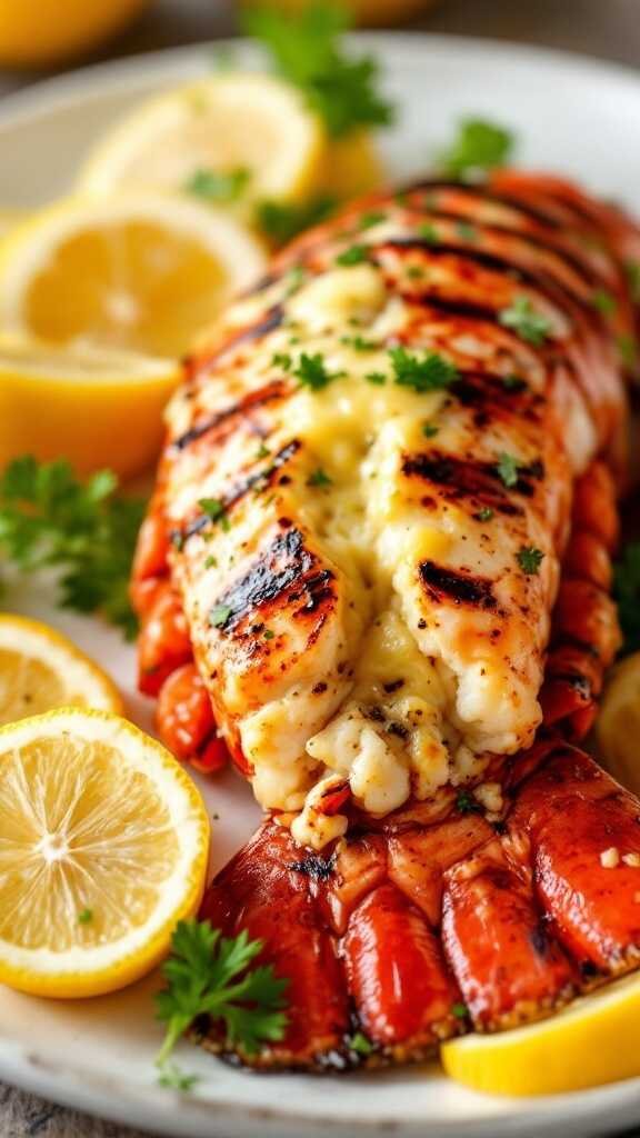 A beautifully cooked lobster tail with garlic butter and lemon wedges