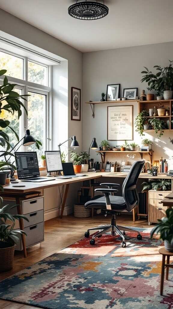 A modern home office setup with plants, a desk, and a comfortable chair.