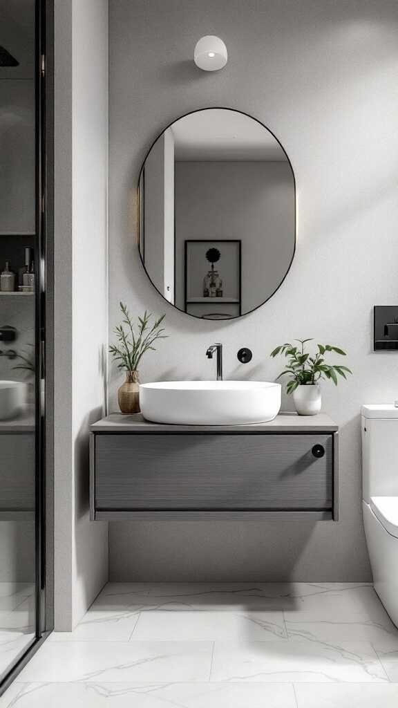 Modern small bathroom with a floating vanity and round mirror