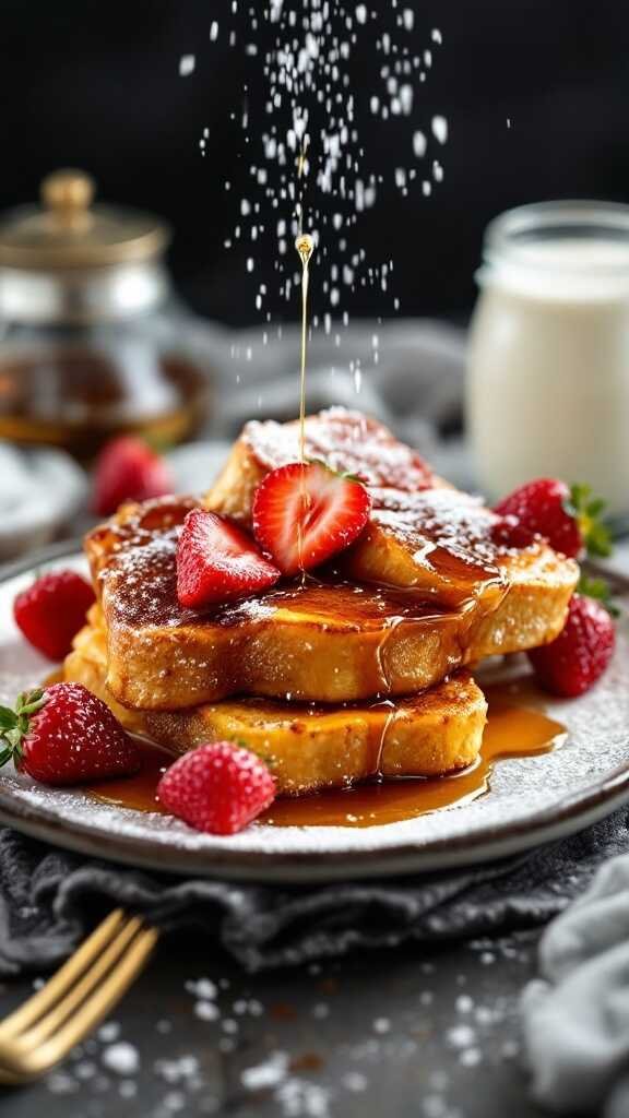 Fluffy Vanilla Bean French Toast with strawberries and syrup