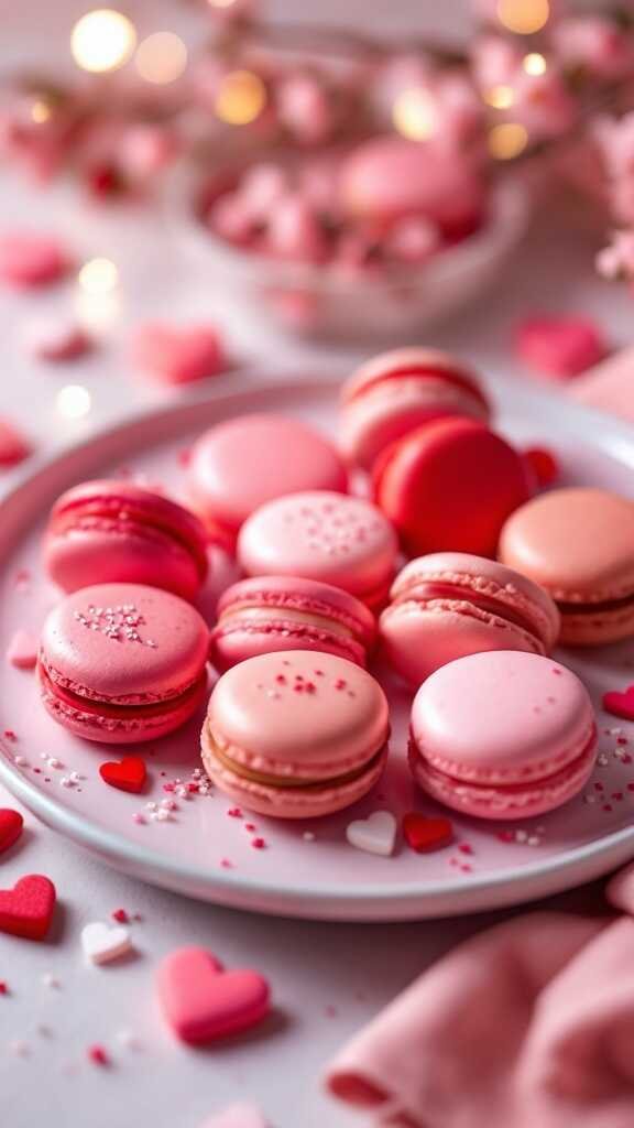 A plate of colorful French macarons in shades of pink and red, decorated with heart-shaped sprinkles.