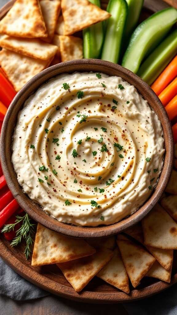 Bowl of creamy vegan French onion dip with pita chips and fresh vegetables