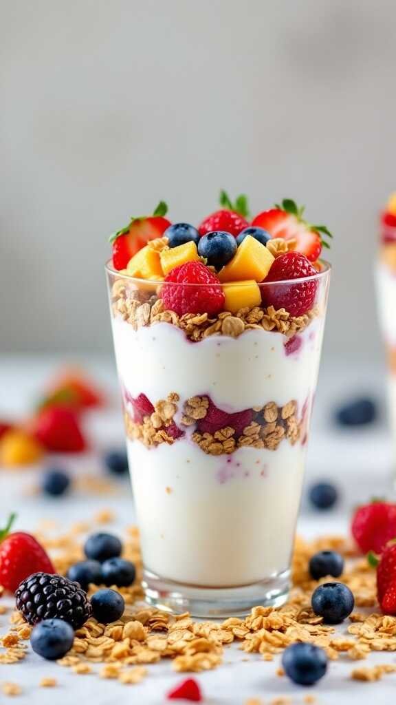 Fresh fruit and yogurt parfait in a glass with layers of yogurt, granola, and assorted fruits.