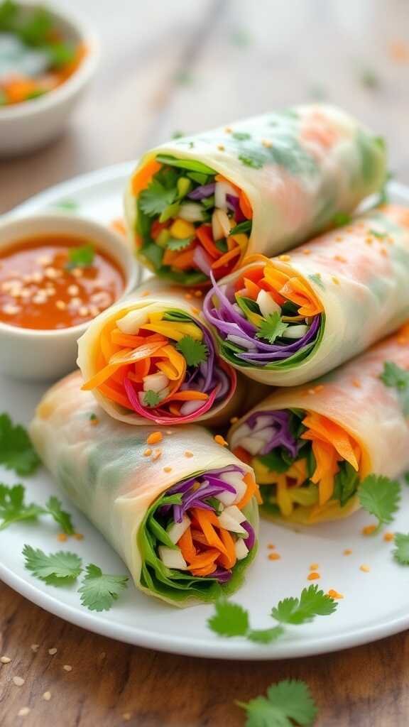 Colorful fresh spring rolls with vegetables and herbs, served with a dipping sauce.