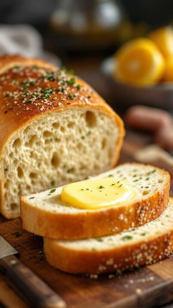 A loaf of freshly baked garlic bread with butter spread on a slice.