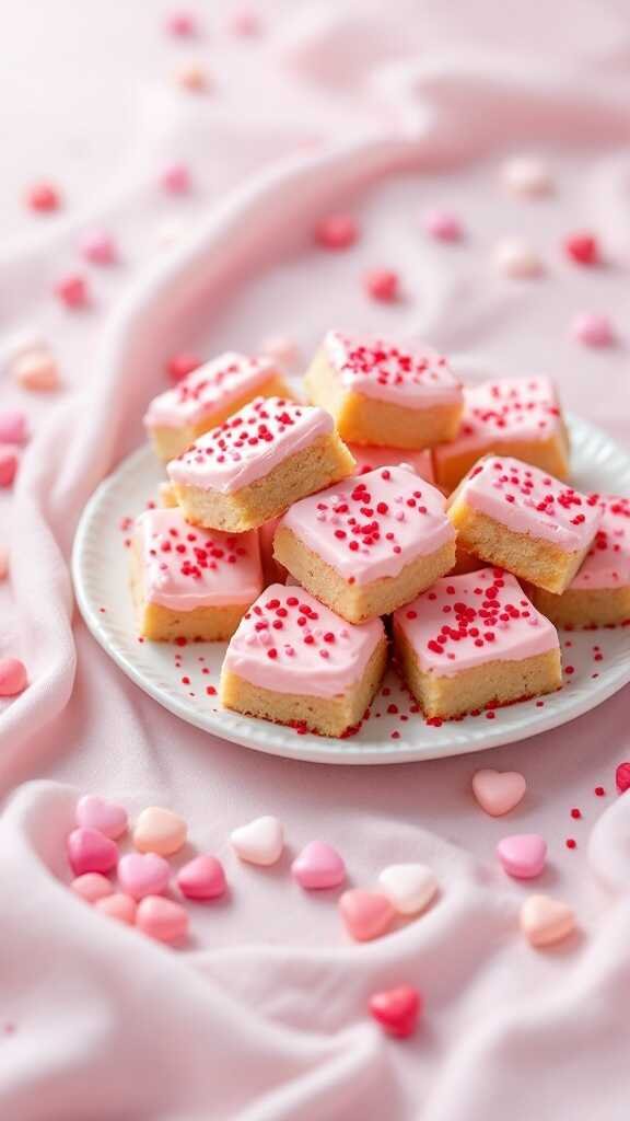A plate of frosted sugar cookie bars decorated with heart sprinkles for Valentine's Day.