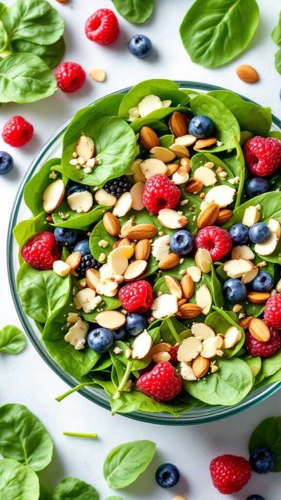 A vibrant Fruit and Nut Spinach Salad featuring spinach, mixed berries, and almonds.