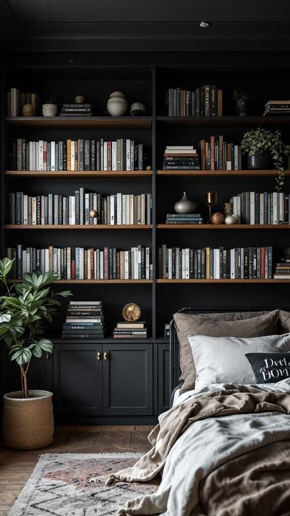 A cozy dark bedroom featuring functional shelving filled with books and decorative items.