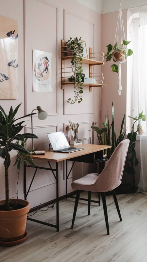 A stylish and organized feminine home office with plants and functional storage.