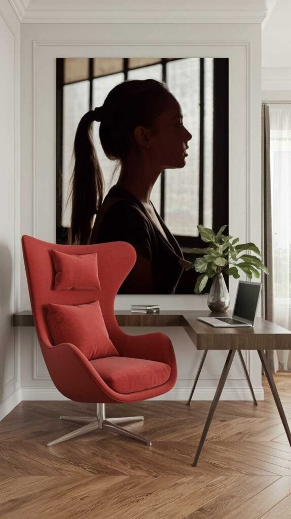 A modern home office with a stylish chair and a large piece of wall art featuring text.
