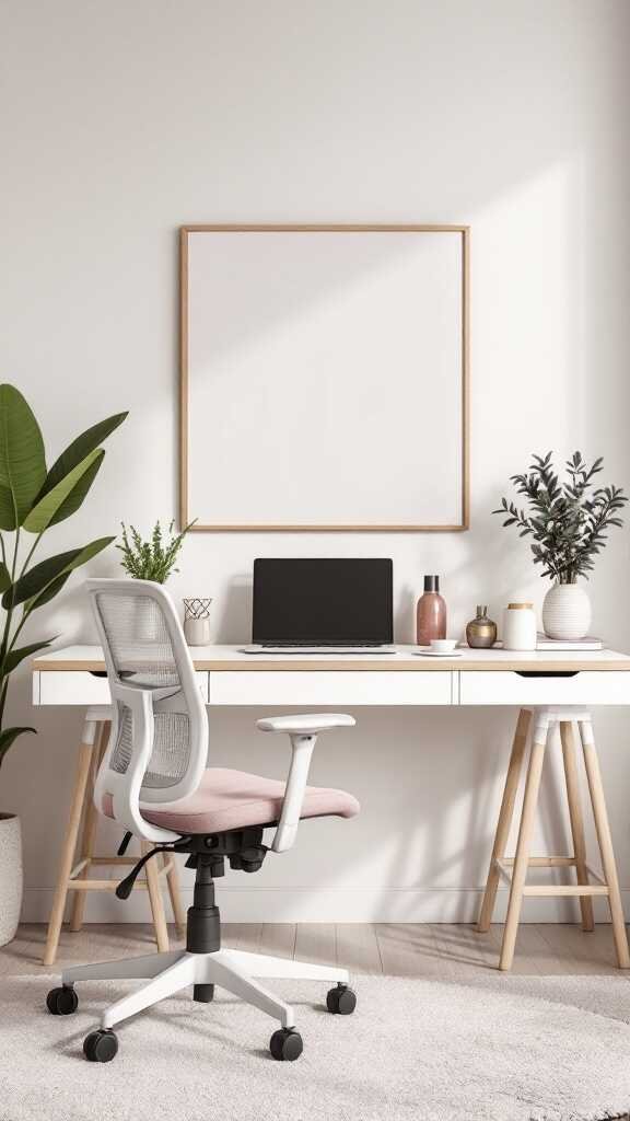 A stylish feminine home office featuring a white desk, pink ergonomic chair, and decorative plants.