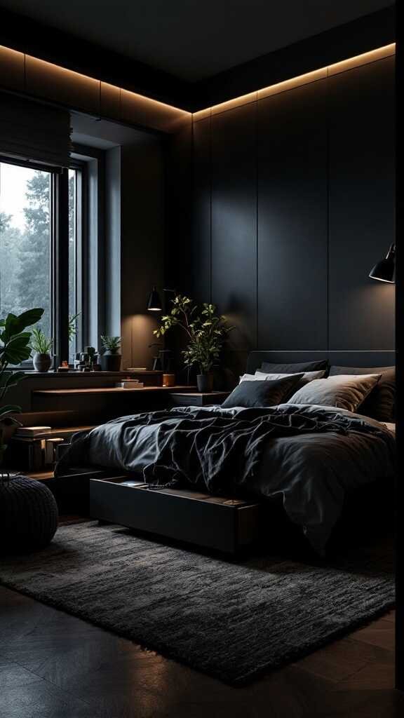 Cozy dark bedroom with multi-purpose furniture and soft lighting