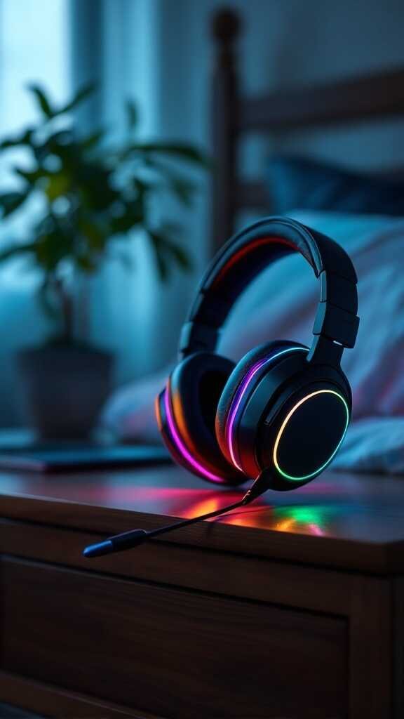 A vibrant gaming headset with colorful lights on a wooden nightstand in a cozy bedroom.