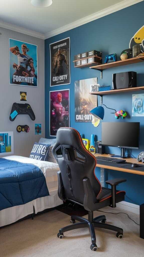 A gaming bedroom decorated with colorful wall art and gaming accessories, featuring a cozy bed and furniture.