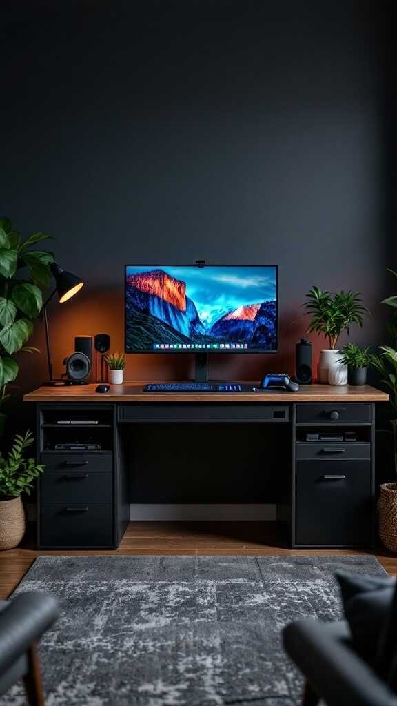 A stylish gaming desk setup with a monitor, speakers, and plants