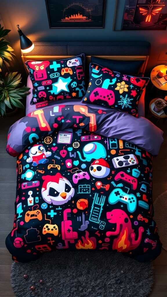 Colorful gaming-themed bedding set featuring controllers and gaming icons