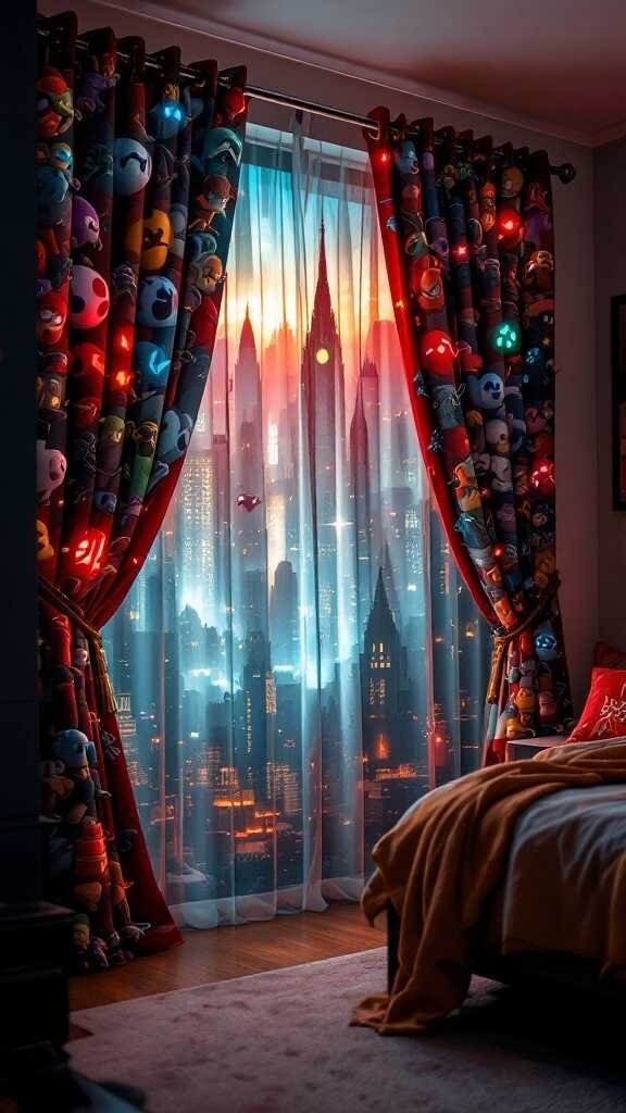 Colorful gaming-themed curtains featuring various gaming characters with a city skyline view through sheer curtains.