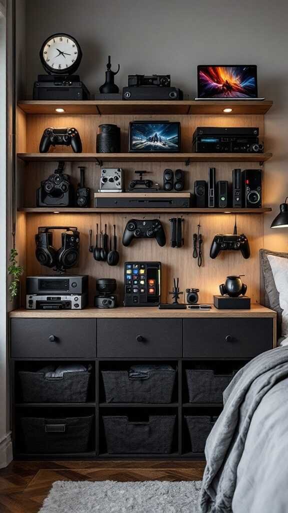 Organized gaming accessories storage solution with shelves and bins