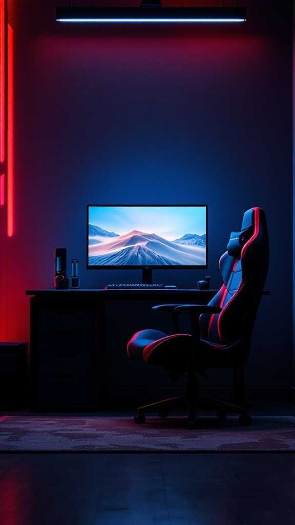 A stylish gaming chair and desk setup with colorful lighting, perfect for a gamer bedroom.