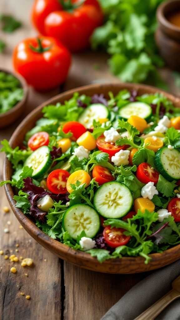 A fresh garden salad with mixed greens, cherry tomatoes, sliced cucumbers, and a light dressing.