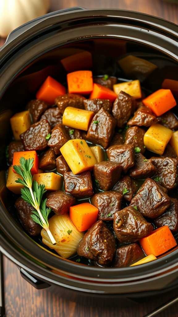 A delicious pot of garlic butter beef with assorted vegetables in a crockpot.