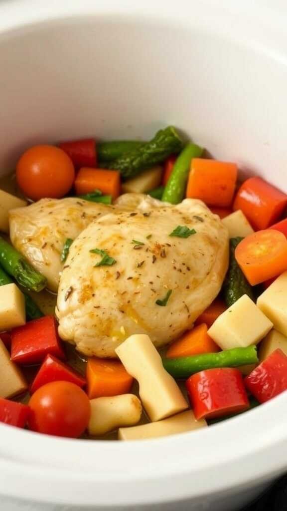 Crockpot Garlic Butter Chicken with colorful vegetables