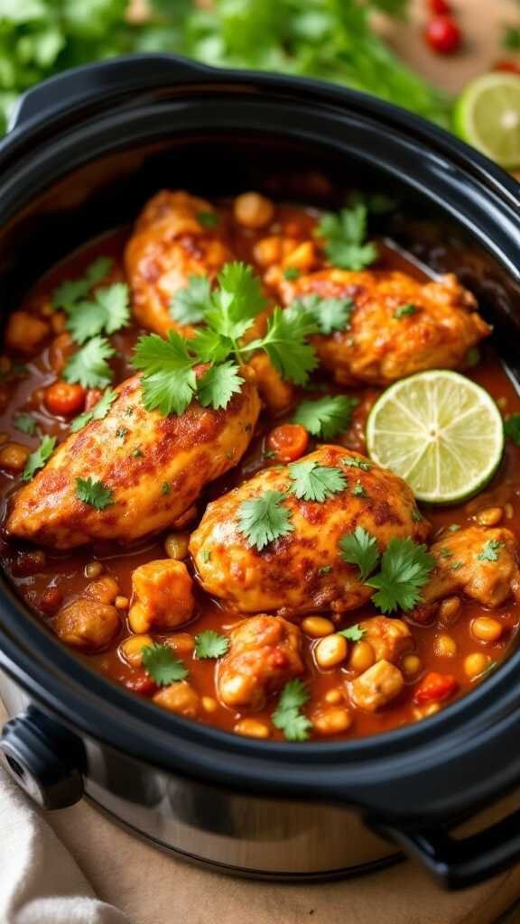 A dish of Garlic Chipotle Lime Chicken cooked in a crockpot, garnished with cilantro and lime slices.