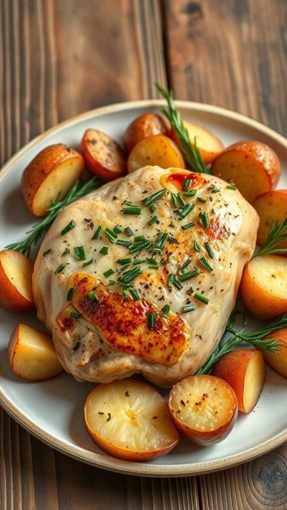 A plate of garlic herb chicken breast surrounded by roasted baby potatoes and herbs.