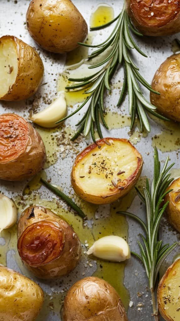 Garlic roasted potatoes garnished with rosemary