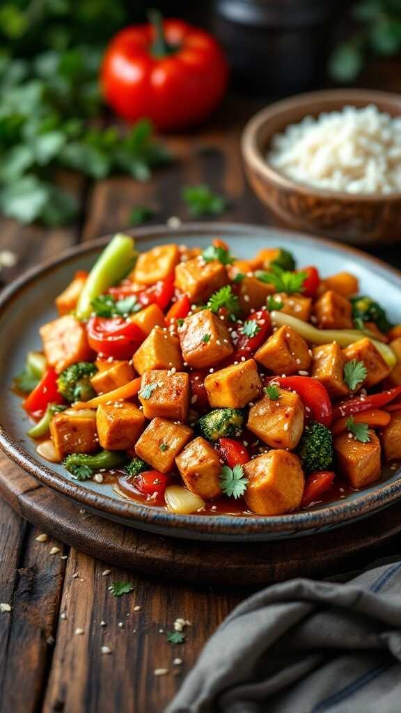 A plate of General Tso's Tofu with colorful vegetables and garnished with sesame seeds.