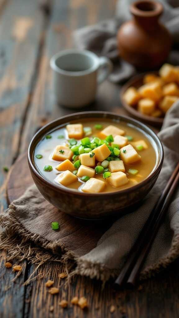 A warm bowl of ginger miso soup with tofu and green onions