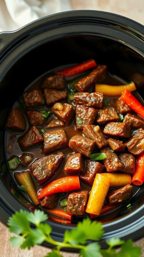 Crockpot beef stir-fry with peppers and sauce