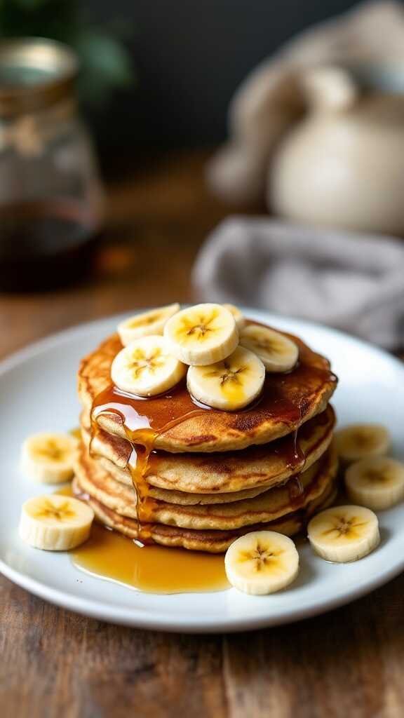 Delicious gluten-free banana oatmeal pancakes stacked with banana slices on top