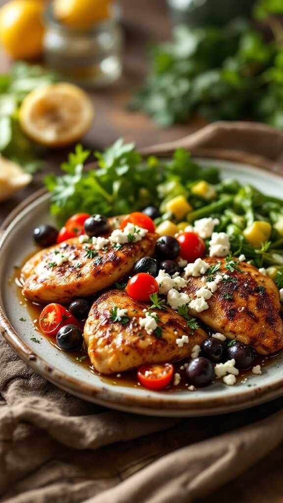 A plate of Greek chicken with olives, feta cheese, and cherry tomatoes