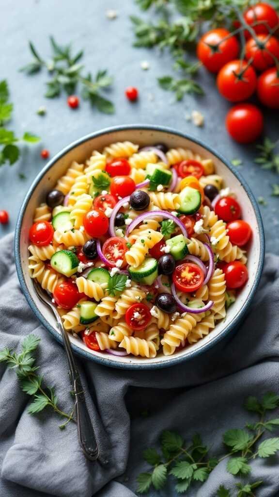 A vibrant bowl of Greek Pasta Salad with rotini, cherry tomatoes, cucumbers, olives, and feta cheese.