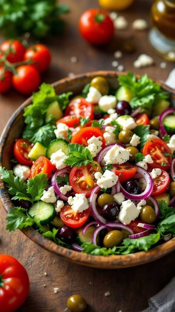 A vibrant Greek salad with fresh vegetables and feta cheese.