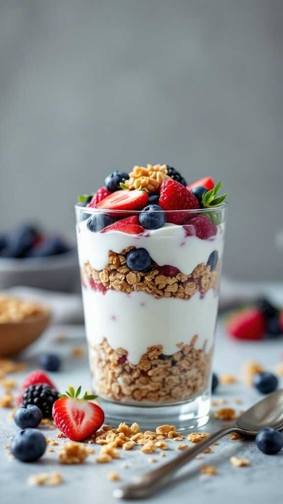 A healthy Greek yogurt parfait layered with granola and fresh berries.